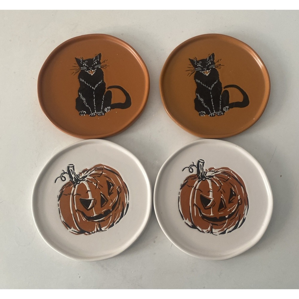 Threshold 4pc Halloween Appetizer Plates  Pumpkin Black Cat Designs 6in